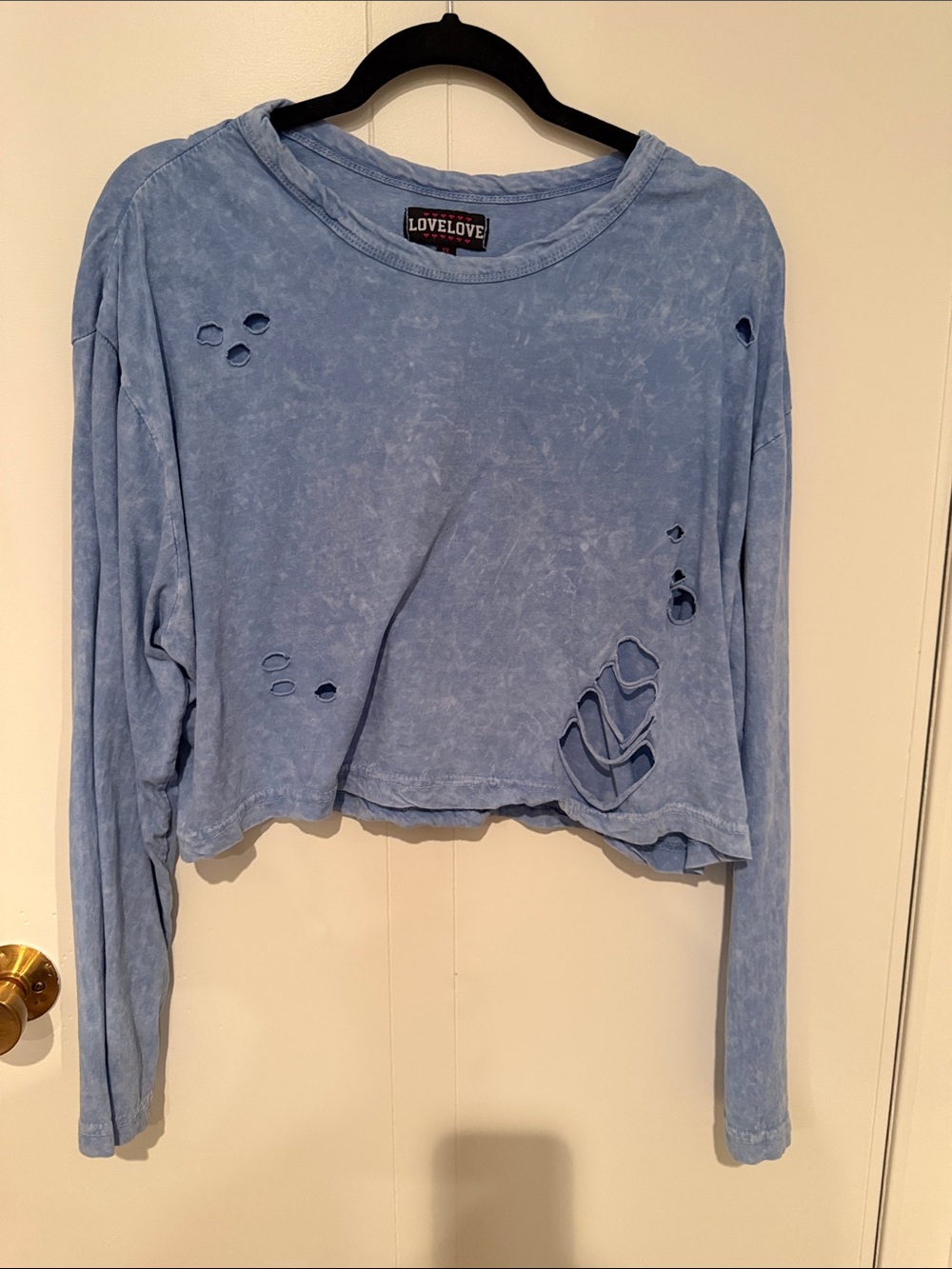 Women's Distressed Long-Sleeve Crop Top - Light Blue